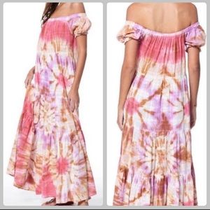 Young Fabulous & Broke Sunny Tie Dye Scuba Maxi Long Tiered Dress Pockets Medium